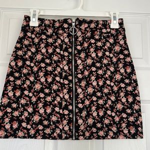 Forever 21 Black Floral Denim Zip Up Mini Skirt